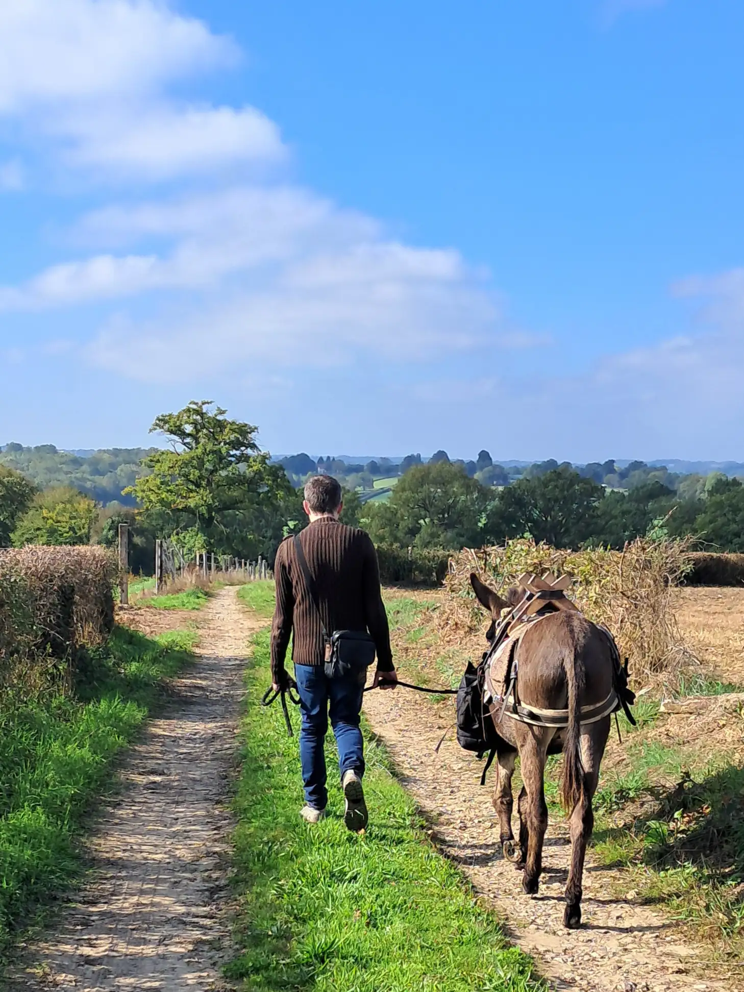 Randonneur avec un âne de bât de l'Âne Archie du Berry (36)