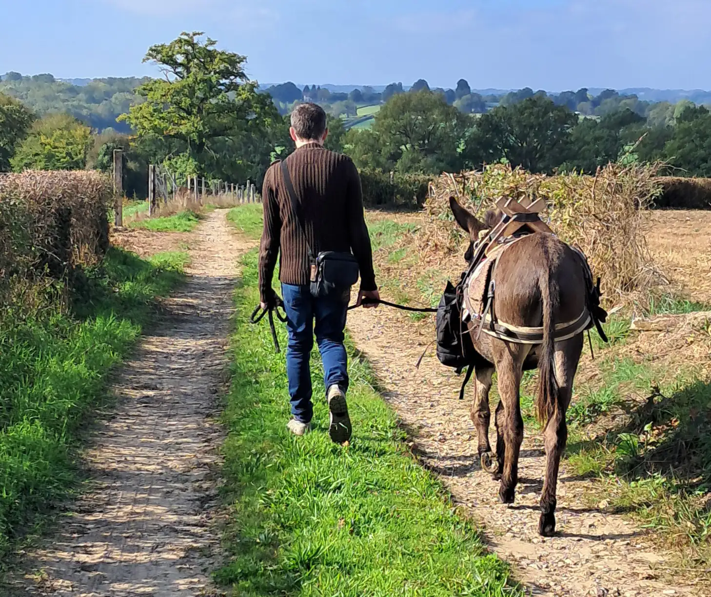 Randonneur avec un âne de bât de l'Âne Archie du Berry (36)